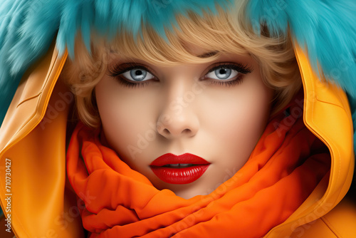 Captivating the viewer with her piercing blue eyes, this woman exudes a sense of enigmatic allure, adorned in a striking yellow jacket