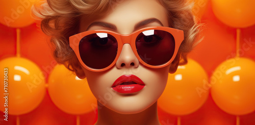 A captivating portrayal of a confident woman donning vibrant red sunglasses and exuding allure with her bold red lipstick photo