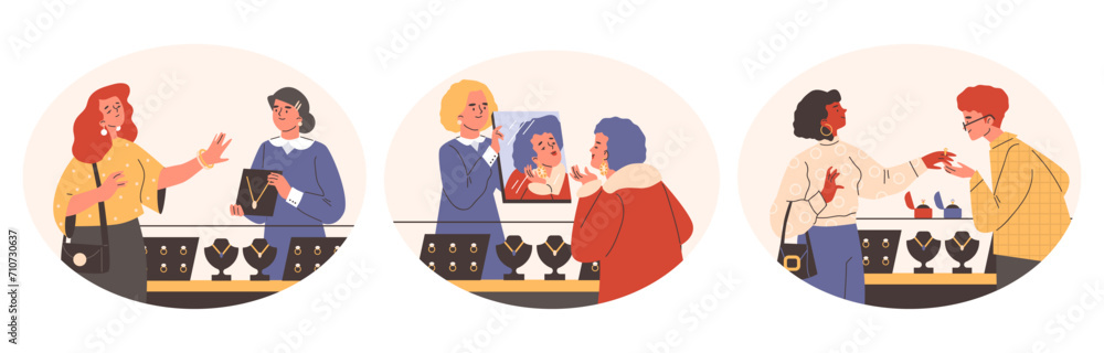 Women in jewelry store, set of vector illustrations in cartoon style