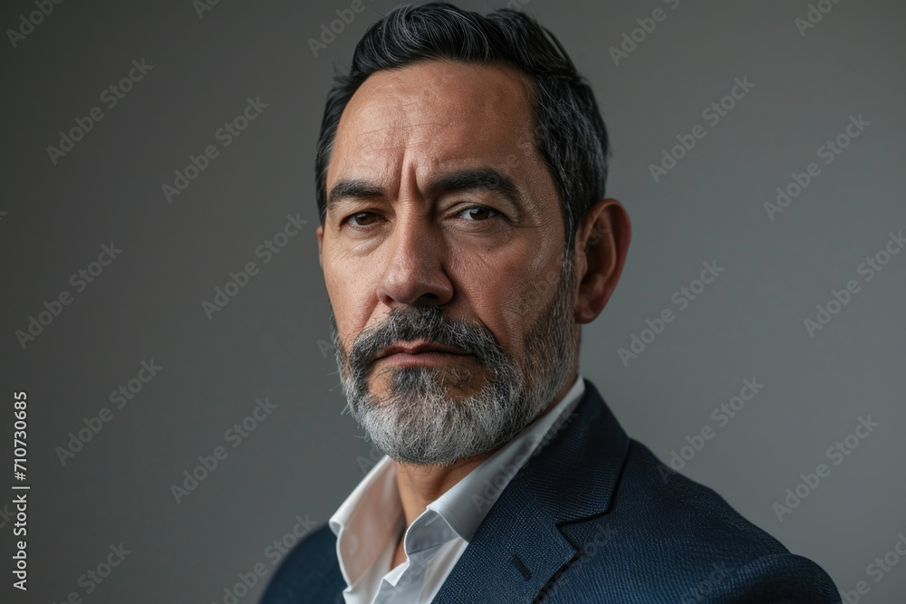 Portrait of a serious mature Hispanic man with a gray beard and mustache looking into the camera.