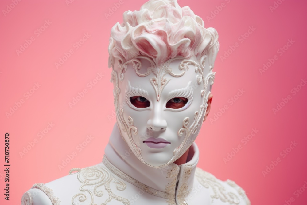 Portrait of a guy wearing a white mask and Venetian carnival costume on a pink background. Portrait of a guy wearing a white mask and Venetian carnival costume on a pink background.