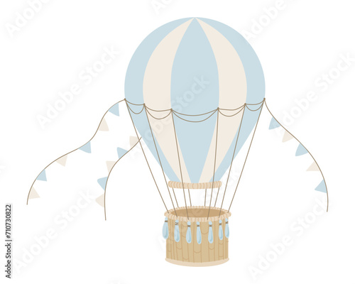 Blue hot Air Balloon vector illustration for Baby shower. Vintage hand drawn aircraft with pennants for Children party or kids cards in cartoon style. Drawing of old retro aircraft for childish design