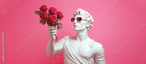White sculpture of Apollo with a bouquet of red roses on a pink background. Banner. photo