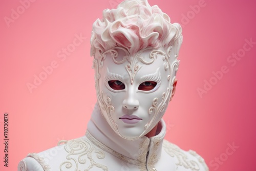 Portrait of a guy wearing a white mask and Venetian carnival costume on a pink background.