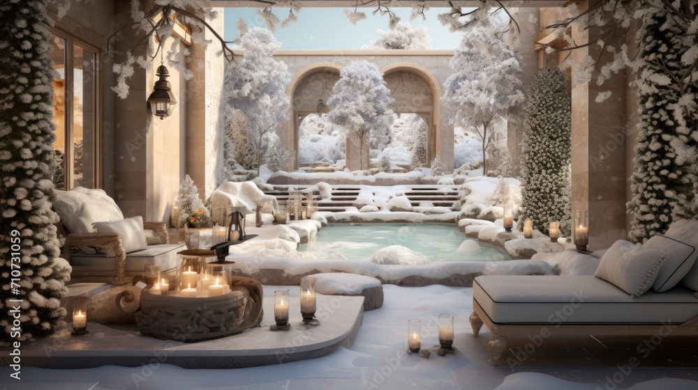  a room filled with lots of candles and a hot tub in the middle of a room filled with snow covered trees.
