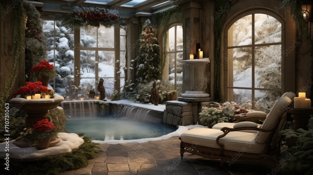  a room with a hot tub in the middle of it and a waterfall in the middle of the room next to it.
