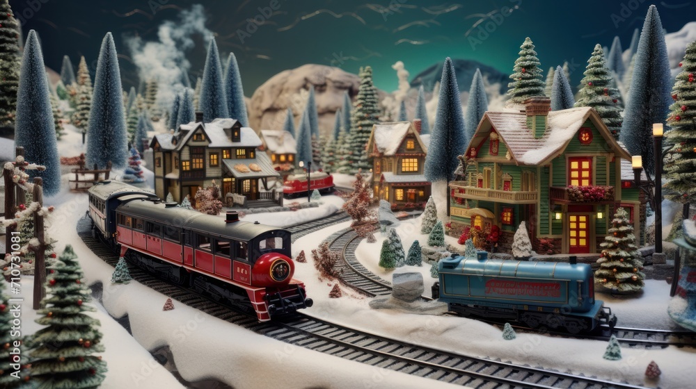 Fototapeta premium a train traveling through a snow covered forest next to a forest filled with lots of trees and a train on a train track.