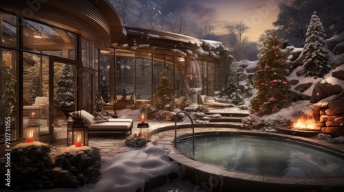  a hot tub in the middle of a snow covered patio with a fire place in the middle of the yard. © Anna