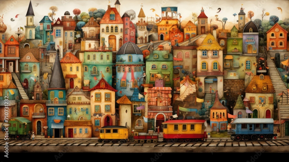  a painting of a city with a train on the tracks and lots of buildings on the side of the road.