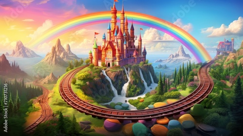  a painting of a castle with a rainbow in the sky and a train on the tracks in front of it.