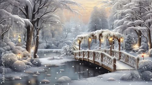  a painting of a snowy winter scene with a bridge over a stream and lit lanterns on the end of the bridge.