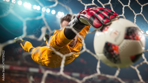 A soccer goalkeeper making a spectacular mid-air save, epitomizing agility and reflexes photo