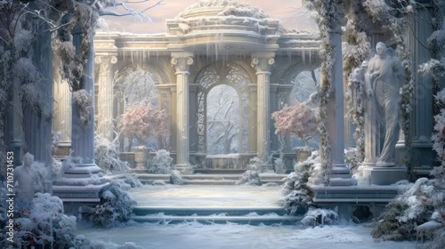  a digital painting of a winter scene with a gazebo and a statue in the middle of a snowy landscape.