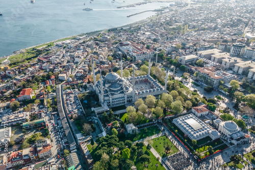 Aerial view of the Blue Mosque (Sultanahmet Camii) in Istanbul Sultanahmet district, Turkey.