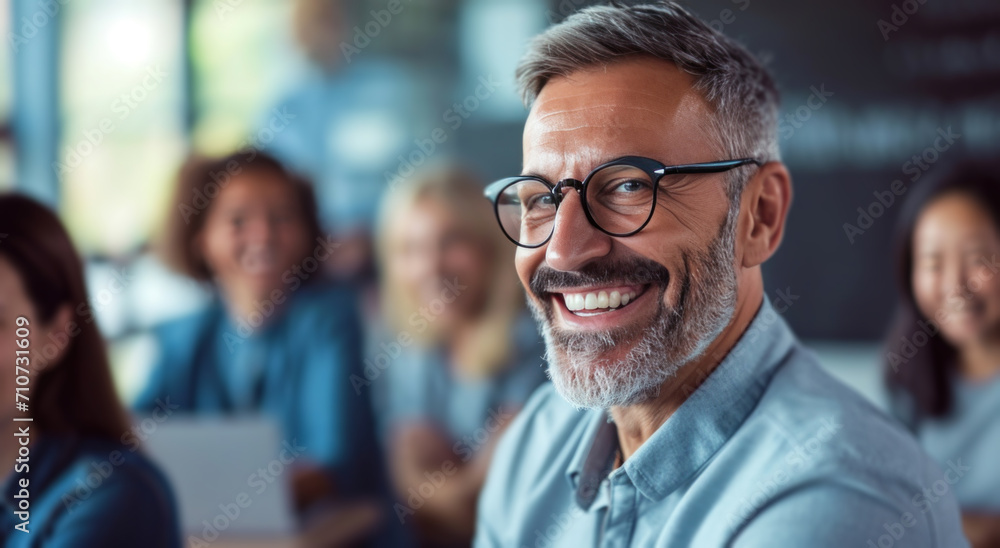 educator holding a business card while smiling with people in a classroom educator holding a business card while smiling with people in a classroom
