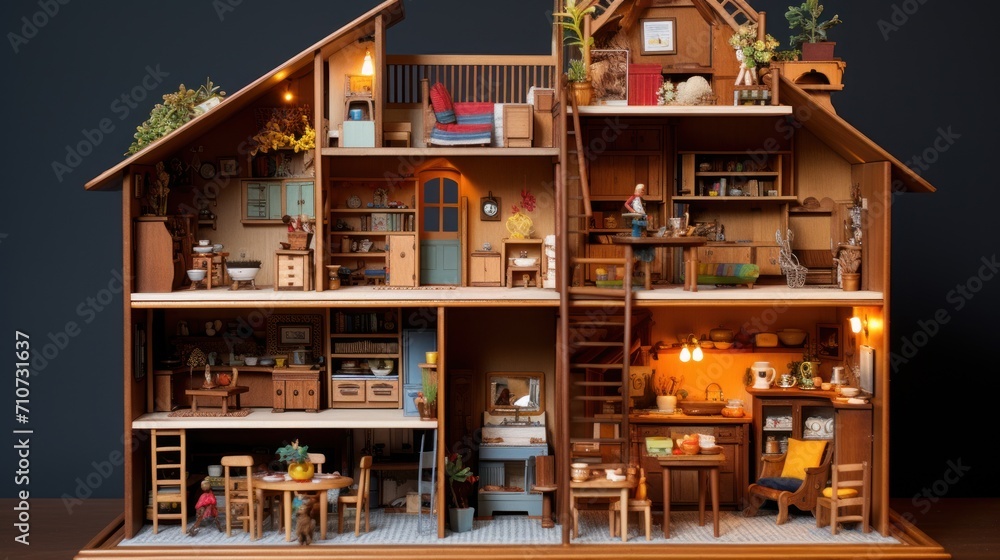 Obraz premium a model of a house with a lot of furniture and decorations on the inside of the house and on the outside of the house.