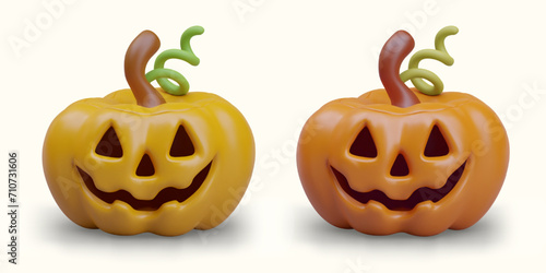 Set of Halloween pumpkins of different colors. Yellow and orange realistic model. Terrible smile. Vector illustration in plasticine style. Traditional lanterns for Night of All Saints
