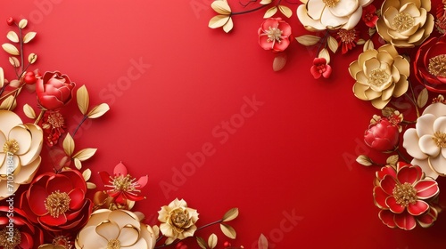 Cute red and gold Chineese floral frame background with copy space