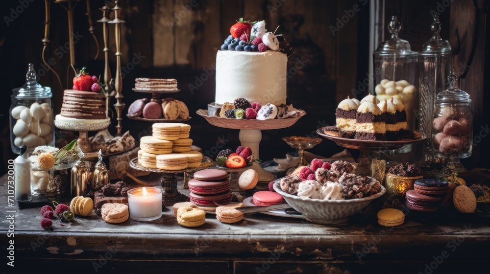  a table topped with lots of different types of cakes and desserts next to a tall glass vase filled with candles.