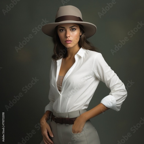 female with hat and white pants in white