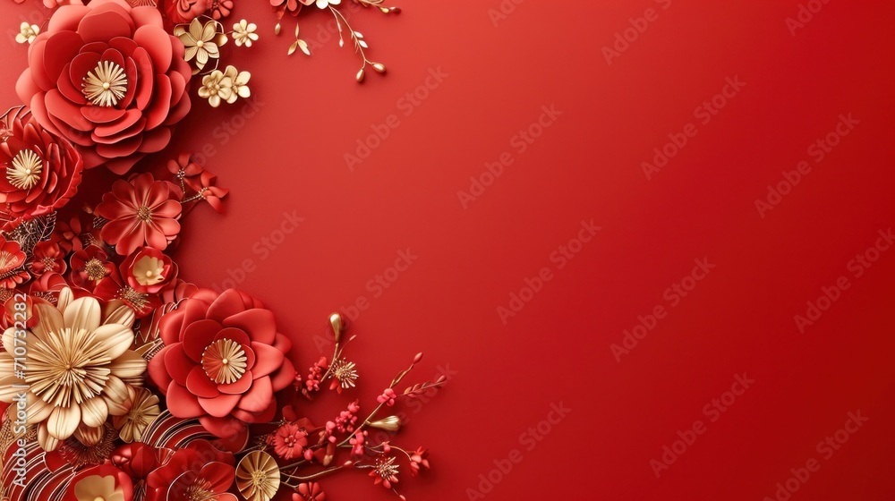 Cute red and gold Chineese floral frame background with copy space Cute red and gold Chineese floral frame background with copy space