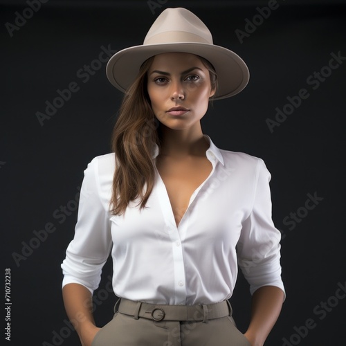 female with hat and white pants in white