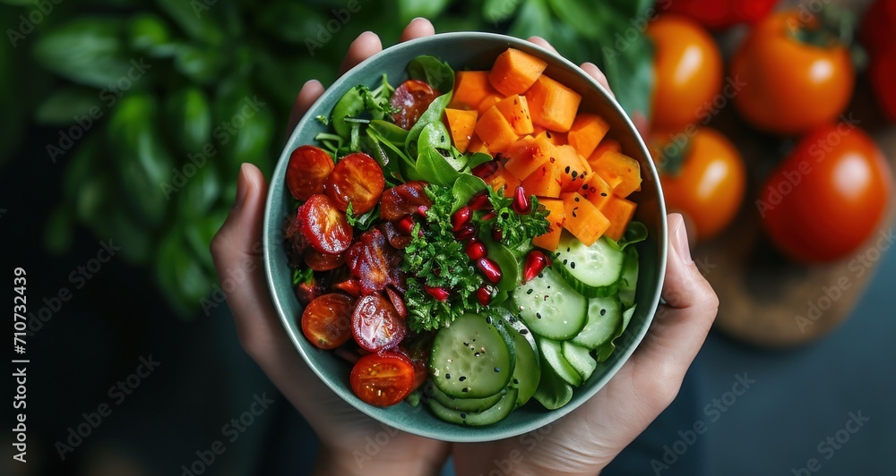 fresh salad bowl in a hand of person holding healthy meals,
