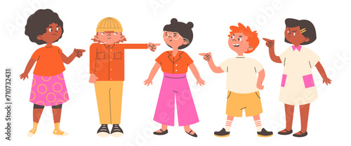 Boys and girls pointing fingers at one kid in center.
