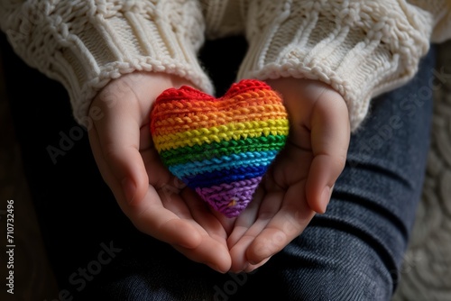Handmade Rainbow Heart Held Gently.
Hands with knit sleeves gently holding a handcrafted rainbow heart symbolising LGBTQ pride.