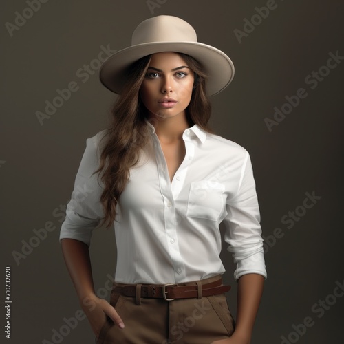 female with hat and white pants in white