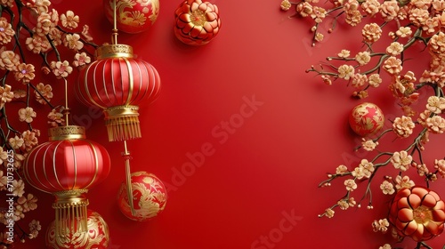 Cute red and gold Chineese floral frame background with copy space
