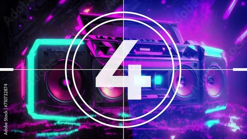 Countdown movie from 9 to 0 number. Countdown for music video, music boombox in neon colors. AI-generated background photo