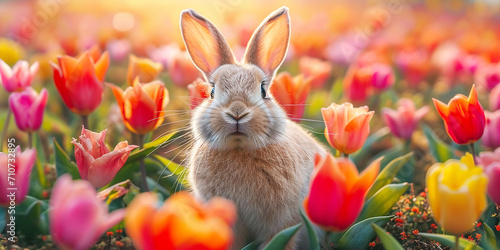 Easter bunny rabbit with flowers Generative AI.