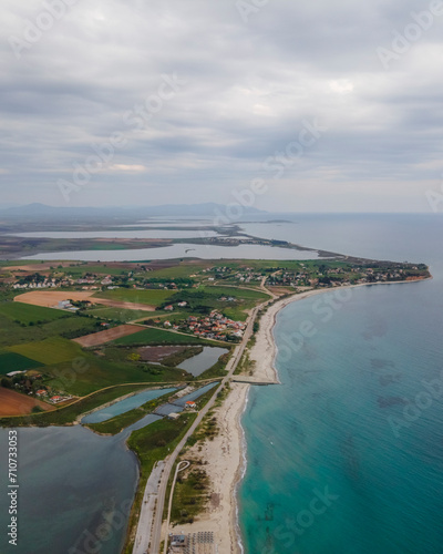 Panoramic aerial view of Limnothalassa Karats Lake and Limni Patella lake along the Thracian Sea coastline, East Macedonia and Thrace, Greece. photo