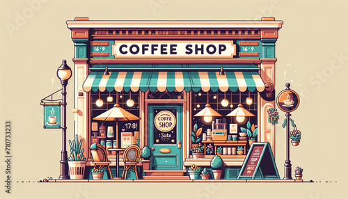  Vector flat isolated illustration of a cute coffee shop exterior. The illustration should depict a charming and inviting coffee shop facade