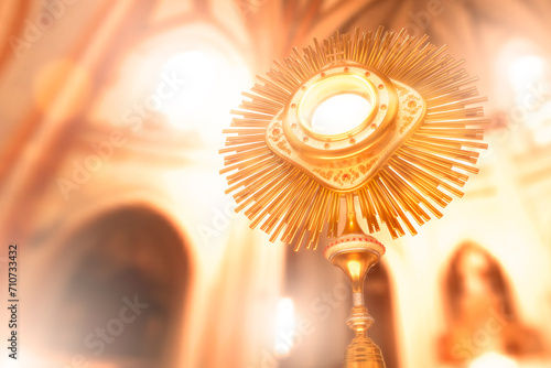 A monstrance containing the consecrated host being displayed in a church. Corpus Christi. Eucharist. 3D Illustration