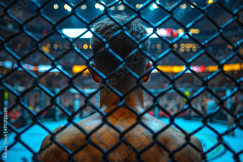 Distant clean front view of an audience of MMA seen from the inside of a MMA cage.