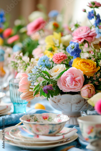 Easter served table with flowers. Selective focus.