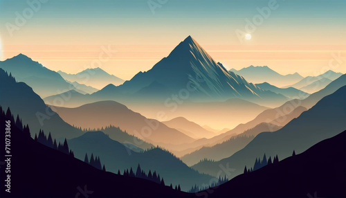 Flat 2D vector illustration background of a mountain peak view landscape with soft light from sunrise.