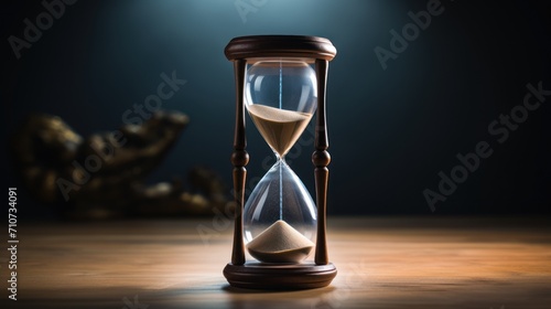  an hourglass sitting on a wooden table in front of a dark background with a light shining down on it.