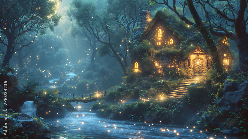 enchanted cottage in forest with glowing lights at night