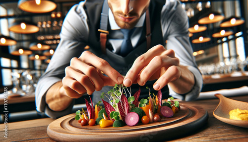 Amodern food stylist decorating a meal for presentation in a restaurant.  photo