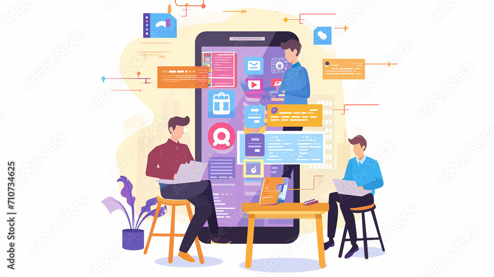 Fototapeta premium アプリ開発の開発者チーム イラスト Developers team illustration. Working on mobile/web application development. [Generative AI]