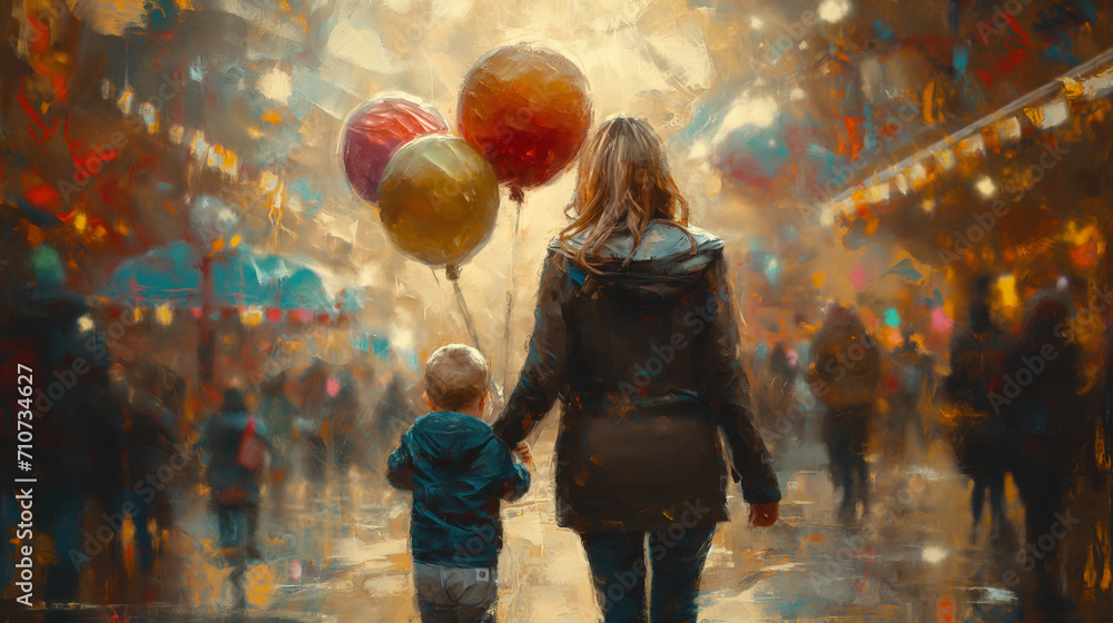 16:9 or 9:16 oil painting Mother walks hand in hand with child holding balloons to an amusement park on Mother's Day.for greeting cards Background or other printing work. - obrazy, fototapety, plakaty 