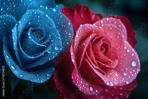 Behold the artistry of AI: Two vivid roses, one blue, one red, adorned with lifelike water droplets on delicate petals, a symphony of color and freshness captured in pixels.
