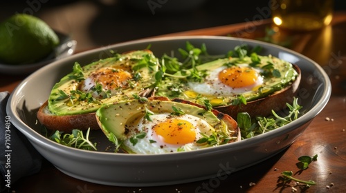  a close up of a plate of food with an avocado and fried eggs on top of a bed of lettuce.
