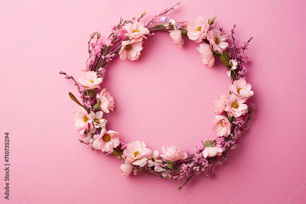 Circular wreath made of twigs and pink flowers, including daisies and roses, is placed in center of pink background Circular wreath made of twigs and pink flowers, including daisies and roses, is placed in center of pink background
