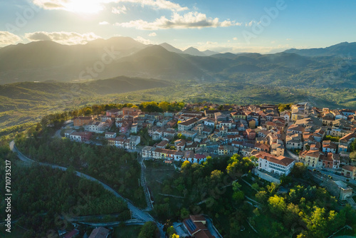 Aerial view of Nusco, a small town on the mountains in Irpinia, Avellino, Italy.