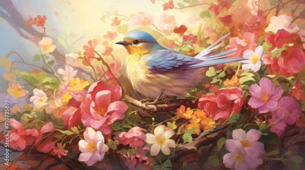  a painting of a blue bird sitting on a branch with pink and yellow flowers in front of a blue sky.