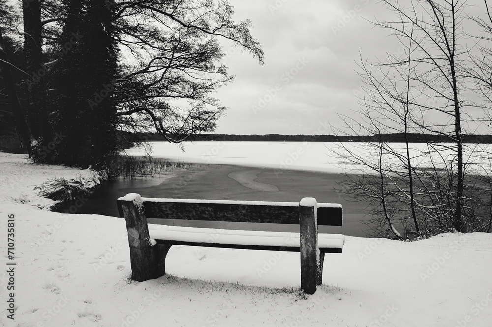 Bank am See -  Winter - Cold - Background - Black - White - Landscape - Water - Lake - River - Concept - Snow 